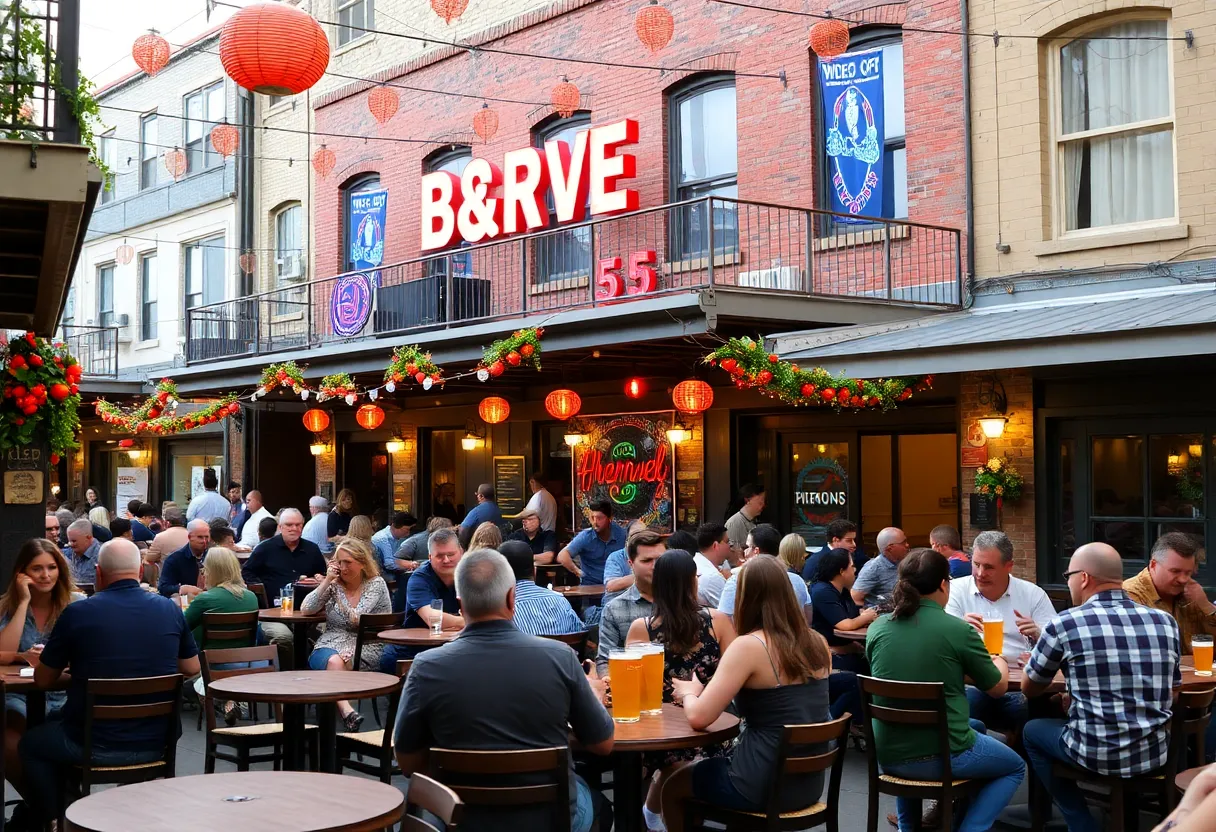 Exterior view of Blue Stallion Brewing Co. with patrons enjoying drinks.