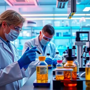 Scientists researching cancer treatments in a laboratory