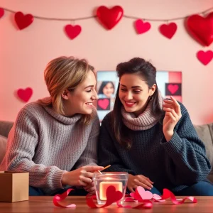 Students celebrating Valentine's Day via video call