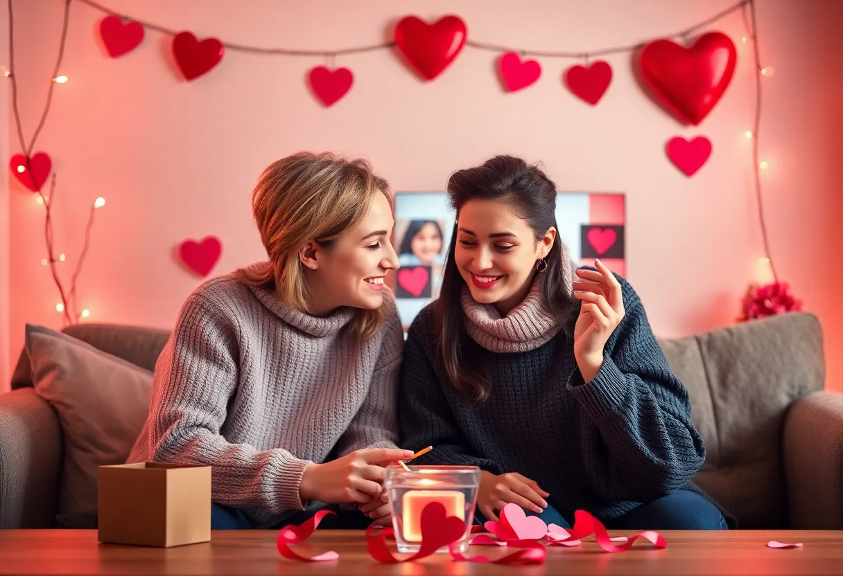 Students celebrating Valentine's Day via video call