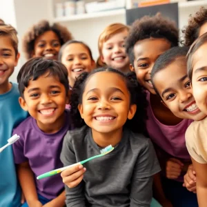 Smiling children in a dental office promoting dental health.