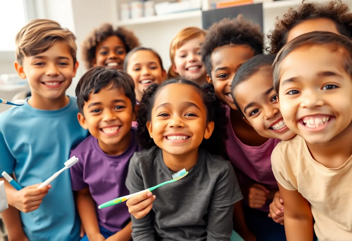 Smiling children in a dental office promoting dental health.