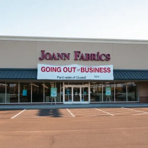 A closed Joann Fabrics store with a 'Going Out of Business' sign.