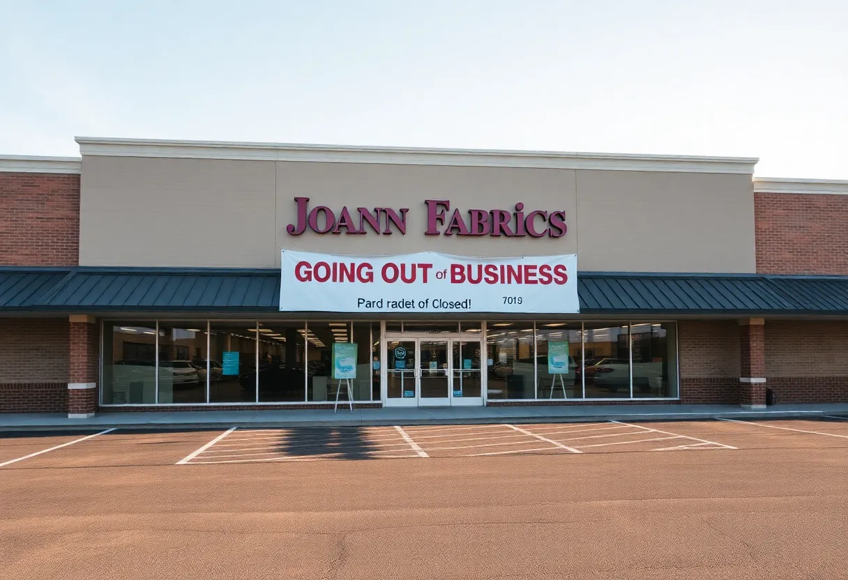 A closed Joann Fabrics store with a 'Going Out of Business' sign.