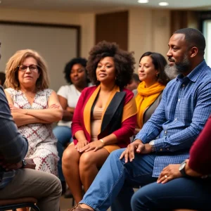 People engaged in a discussion about racial harmony in a community setting.