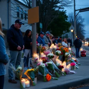 A memorial gathering in Lexington, Kentucky with flowers and candles.