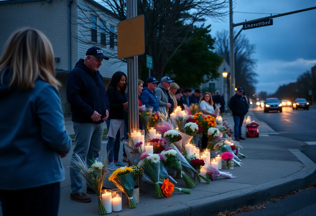 A memorial gathering in Lexington, Kentucky with flowers and candles.