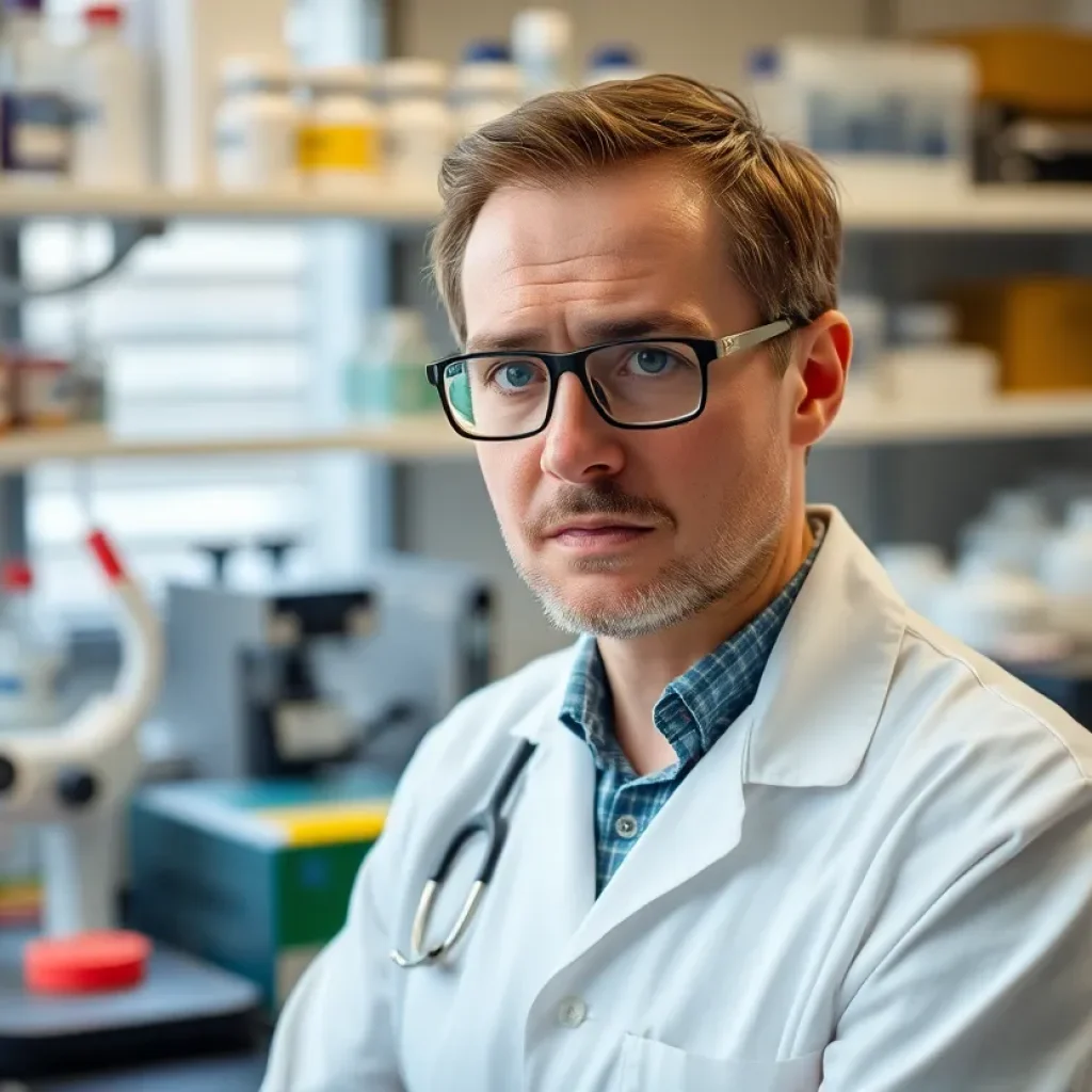 A worried researcher in a lab environment reflecting the impact of NIH funding cuts