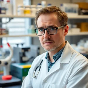A worried researcher in a lab environment reflecting the impact of NIH funding cuts