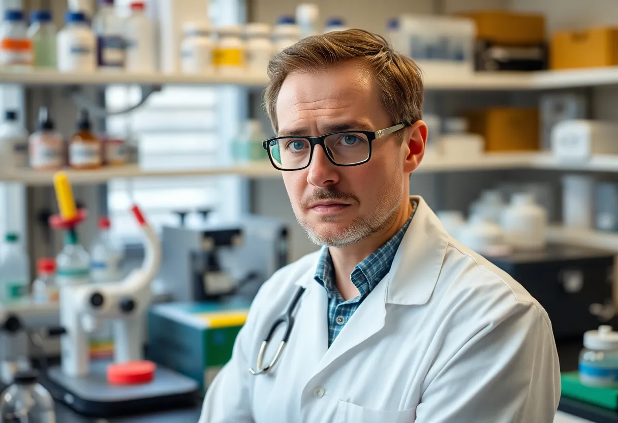 A worried researcher in a lab environment reflecting the impact of NIH funding cuts