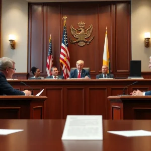 Judges discussing government policy in a courtroom