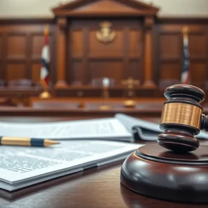 Courtroom scene depicting justice