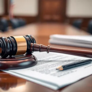 Image of a gavel on a courtroom table representing justice.