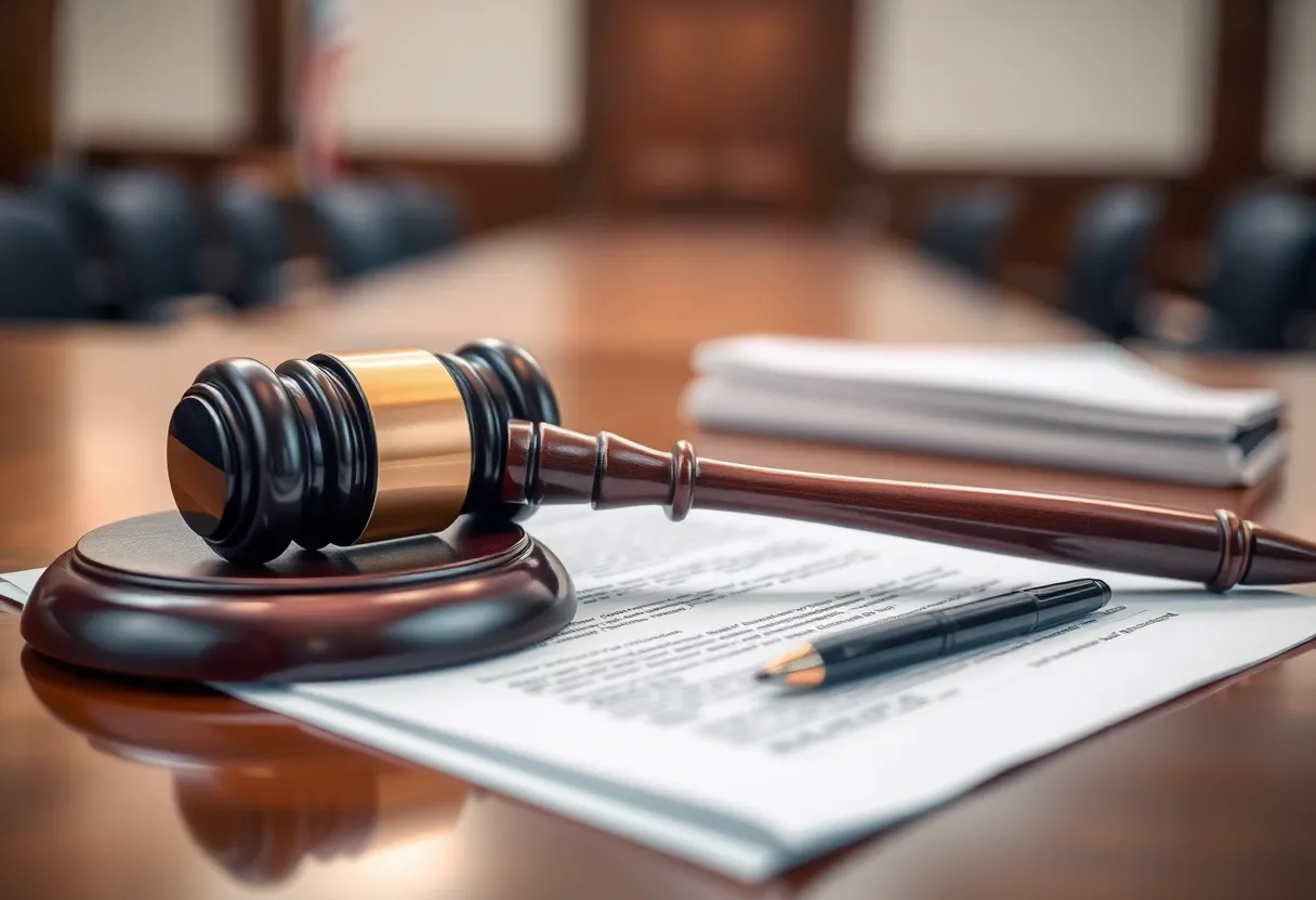 Gavel on legal documents in a courtroom