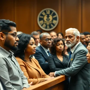 Courtroom filled with people reflecting a community dealing with homicide cases
