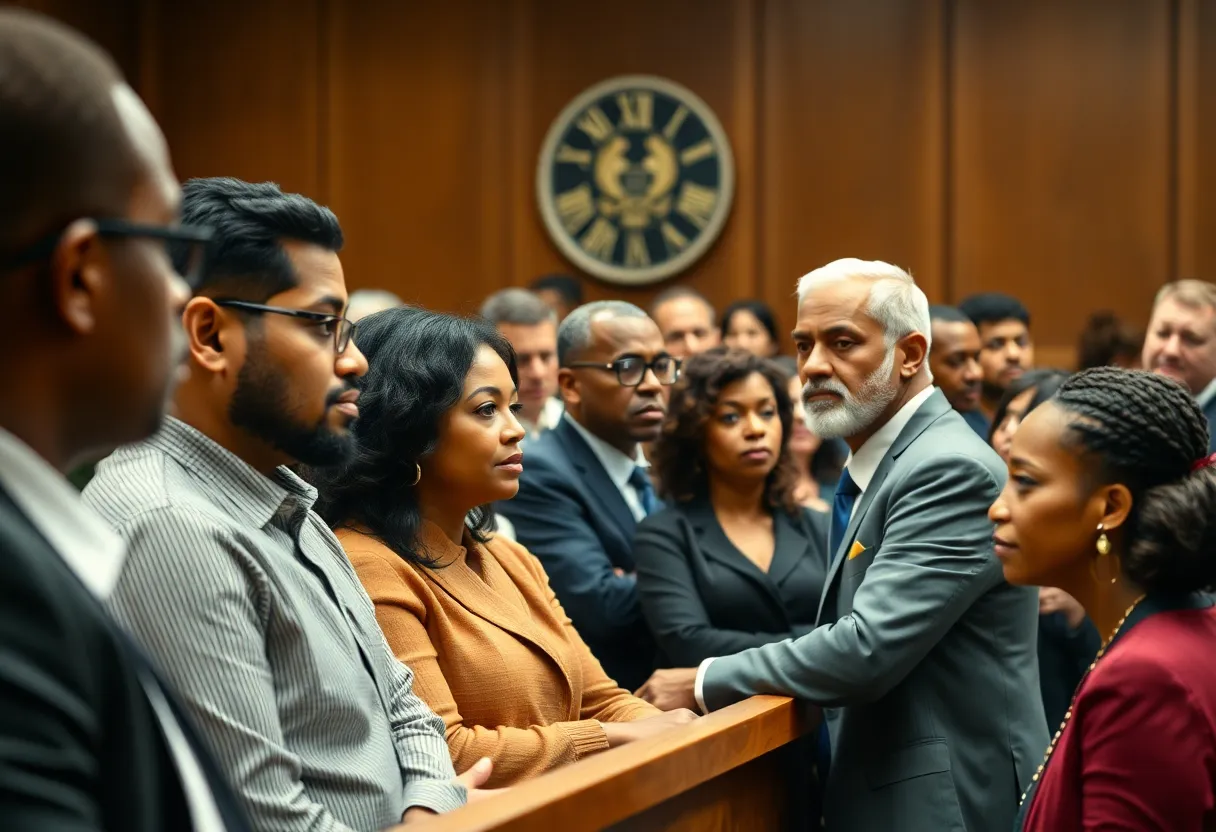 Courtroom filled with people reflecting a community dealing with homicide cases