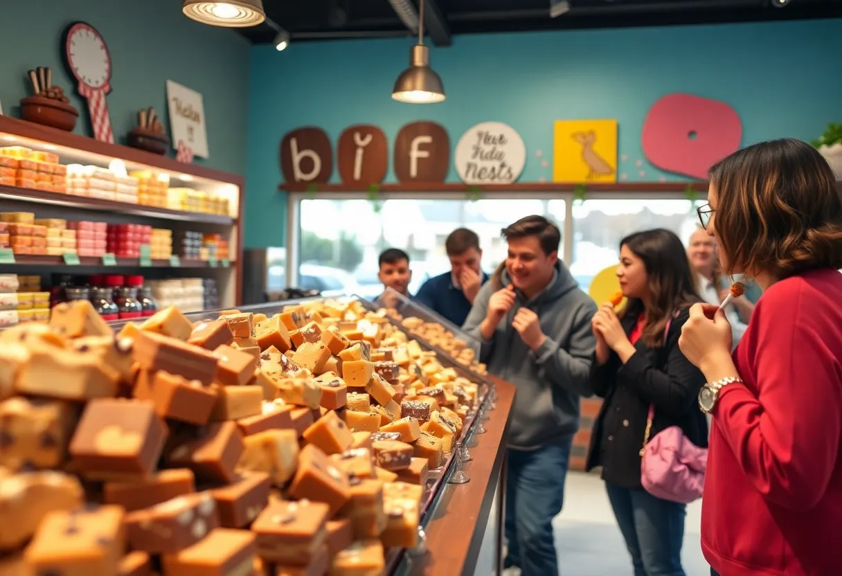 Interior view of Dahlhus Fudge shop with colorful fudge on display.