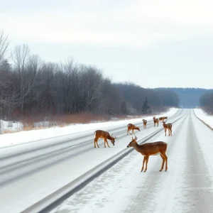 Deer seen along a snowy road in Kentucky