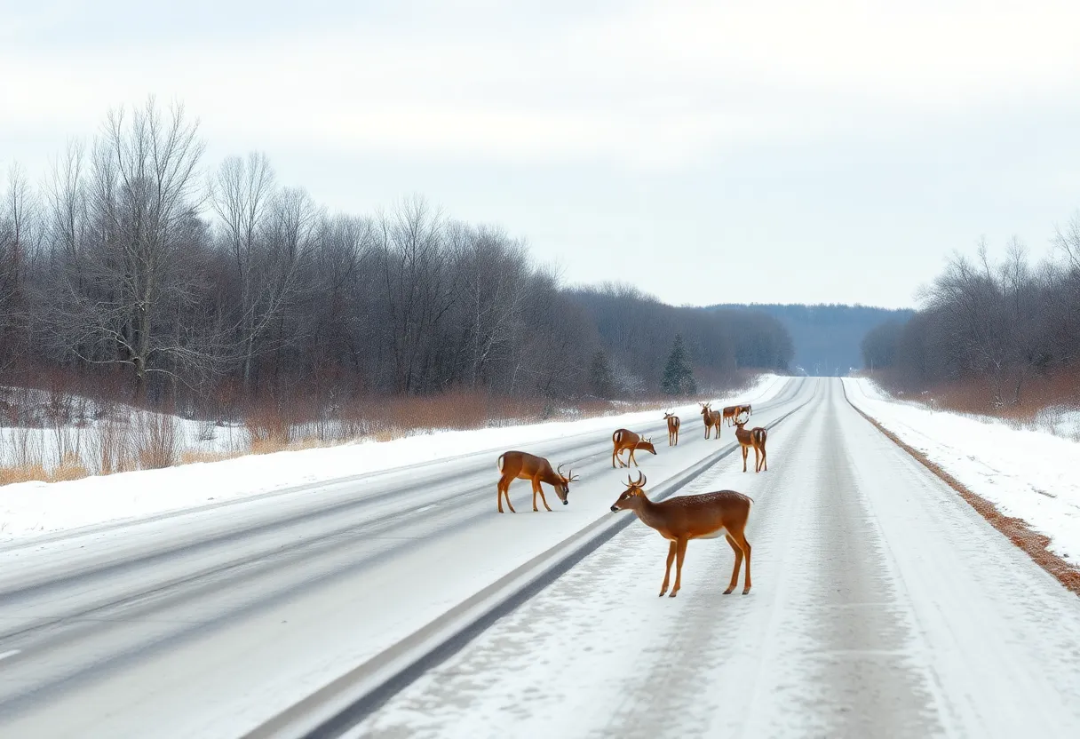 Deer seen along a snowy road in Kentucky