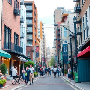 Urban scene of Delaware Avenue with new restaurants and housing developments