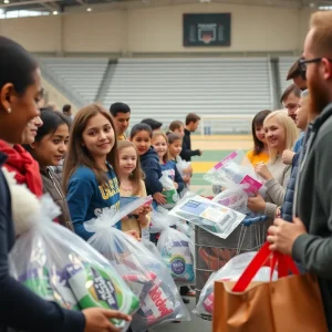 Community members participating in a donation drive for flood relief