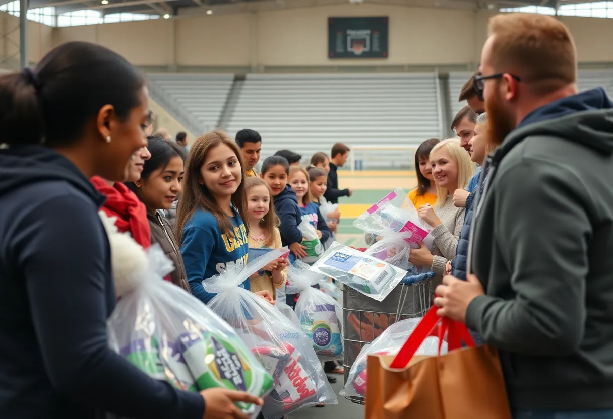 Community members participating in a donation drive for flood relief