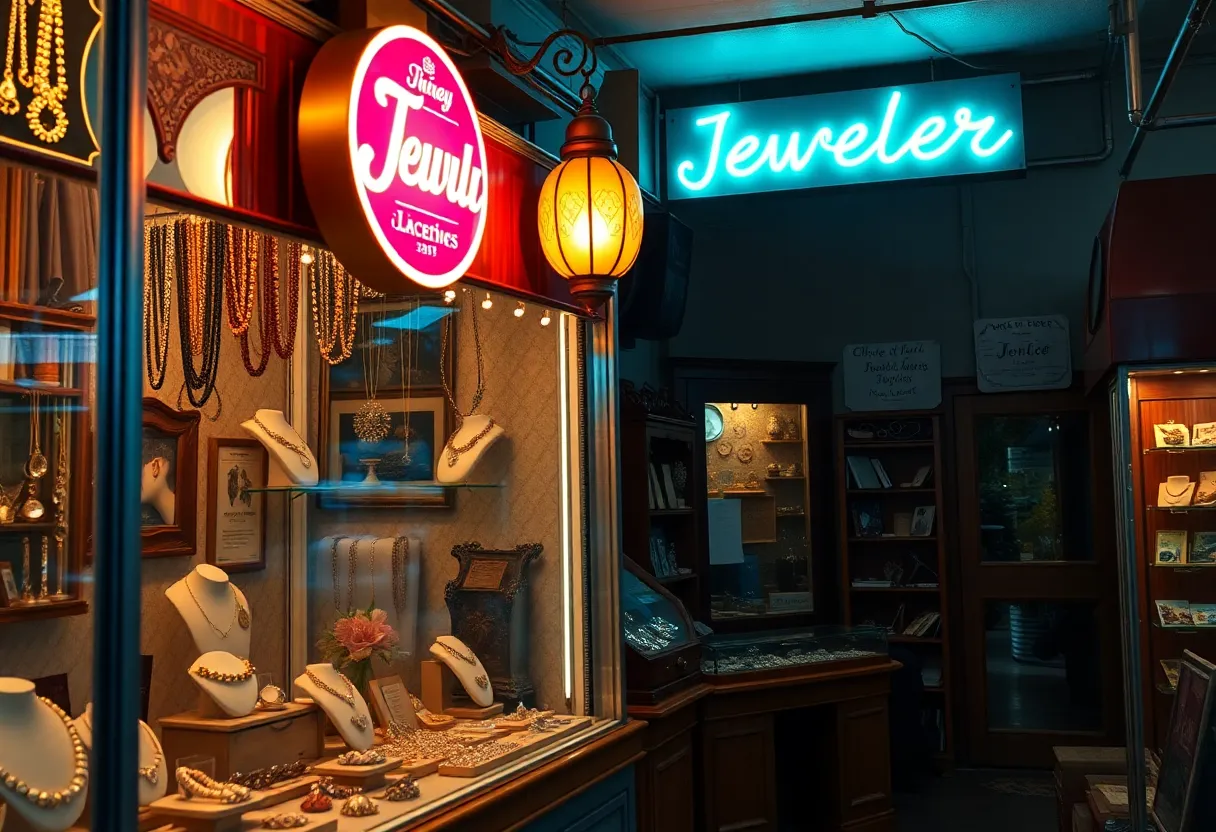 The storefront of Farmer's Jewelry with a neon sign