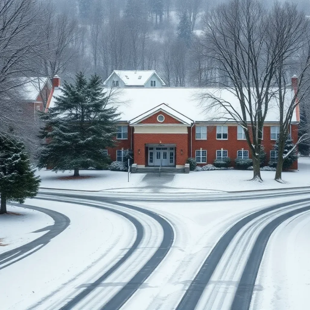 Winter scene of Fayette County school building with snowy roads