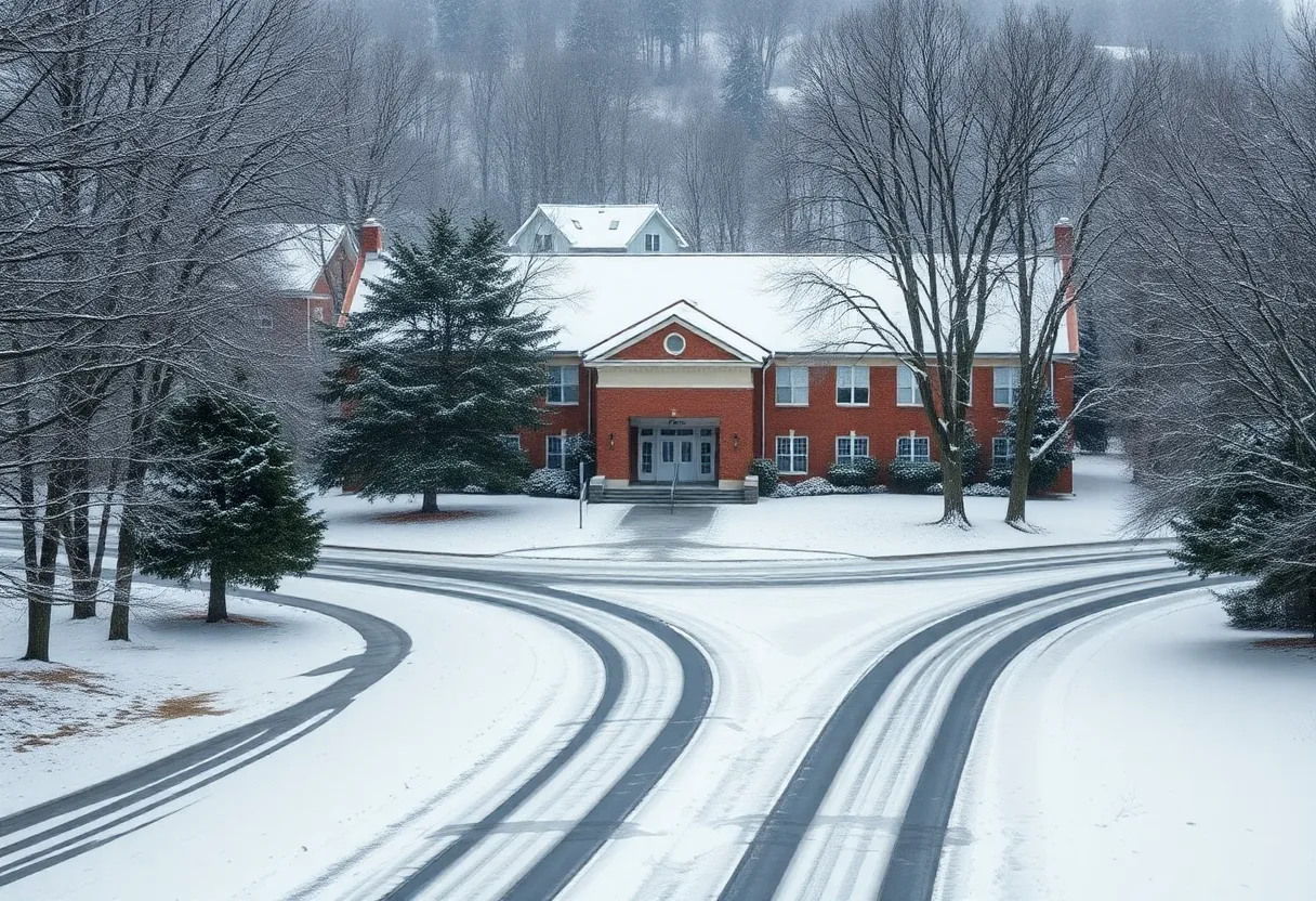 Winter scene of Fayette County school building with snowy roads