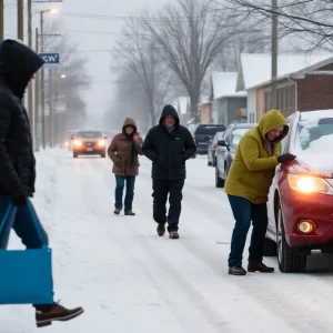 Community members participating in Fayette County's Winter Care Program during a snowstorm