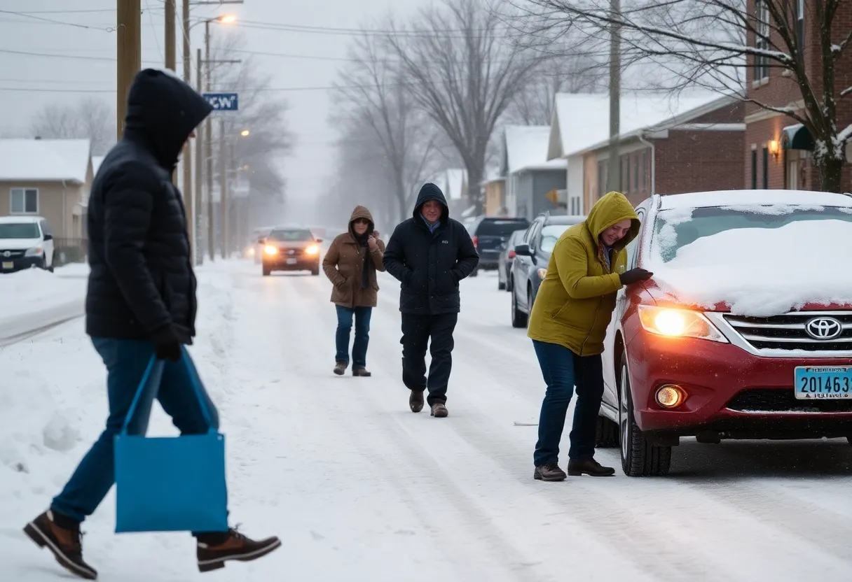 Community members participating in Fayette County's Winter Care Program during a snowstorm