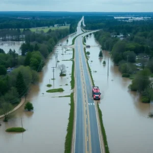Aerial view of flooding in Kentucky, showcasing submerged roads and rescue operations.