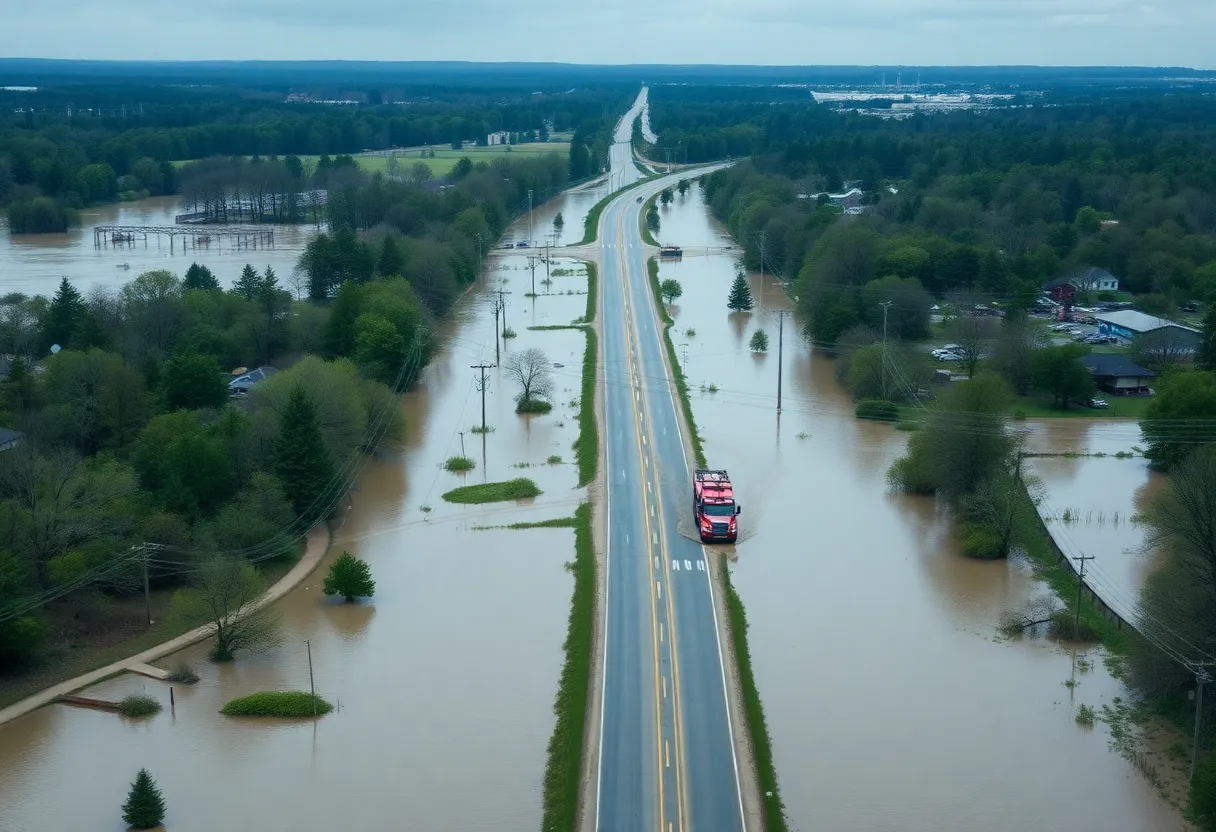 Aerial view of flooding in Kentucky, showcasing submerged roads and rescue operations.