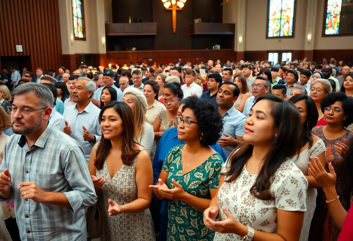 Gathering of diverse Christians worshipping together at Gather 25 event