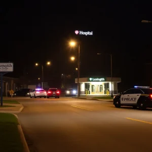 Police investigation at night near a hospital in Lexington.