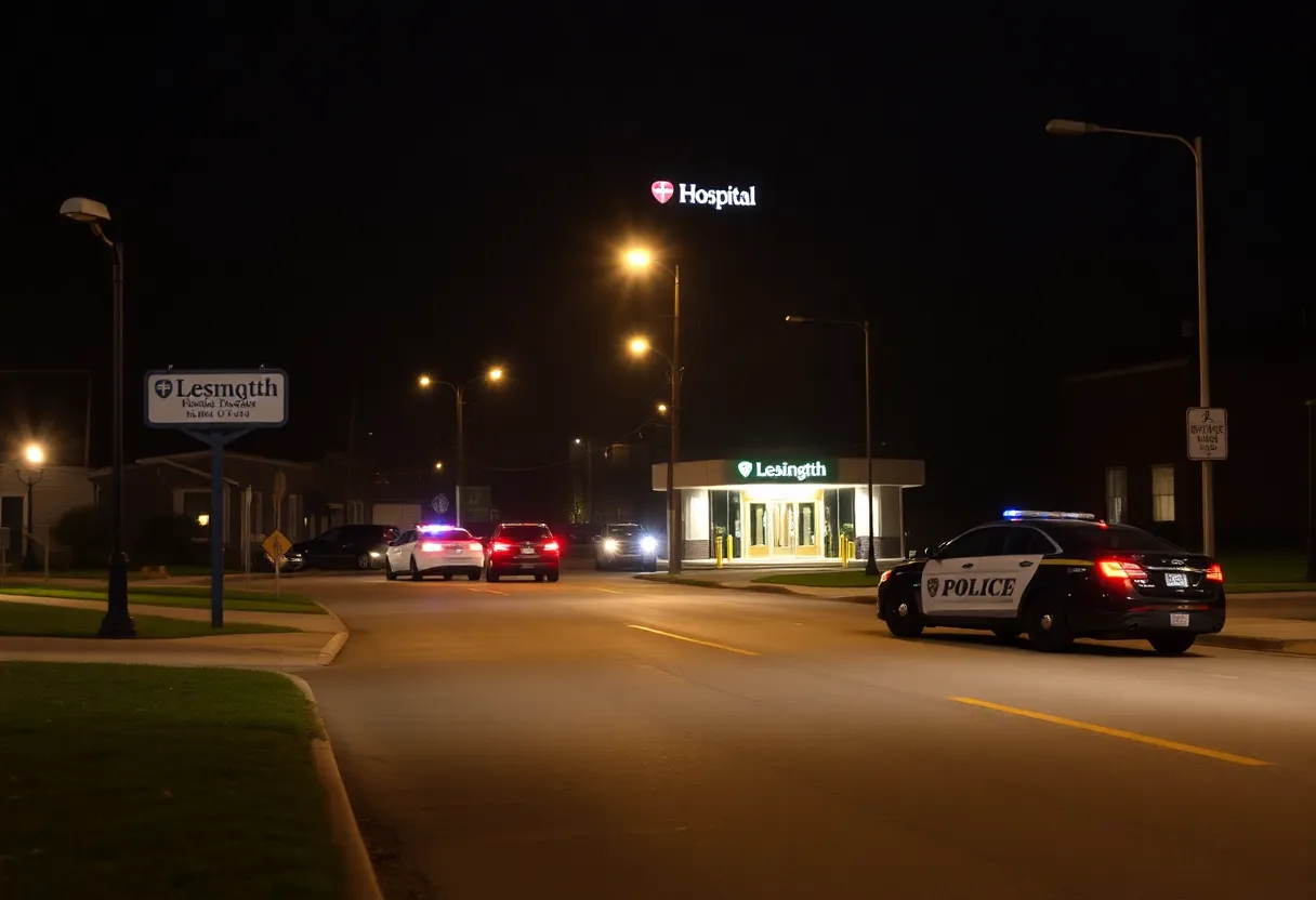 Police investigation at night near a hospital in Lexington.