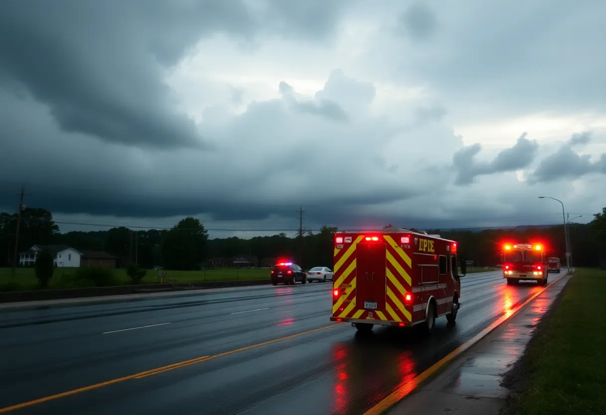 Heavy rain falling in Kentucky causing hazardous road conditions.