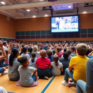 Excited crowd in a school gym watching Jeopardy tournament
