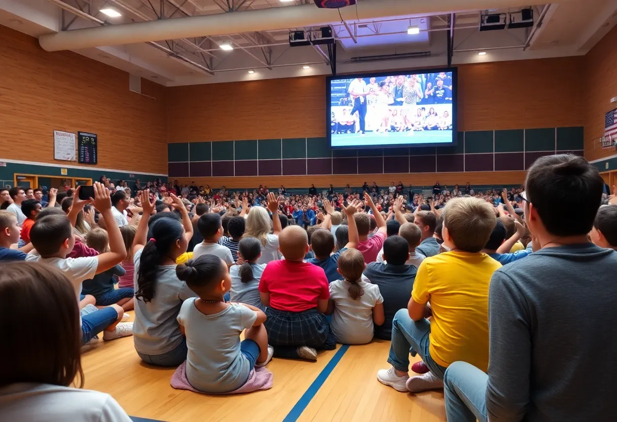 Excited crowd in a school gym watching Jeopardy tournament
