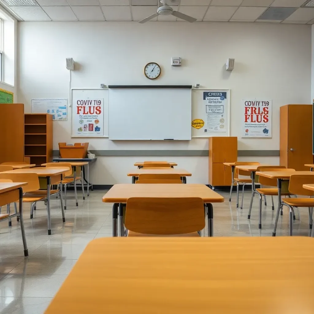Empty classroom with safety posters on walls regarding flu and COVID-19.