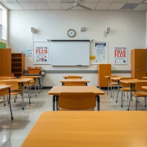 Empty classroom with safety posters on walls regarding flu and COVID-19.