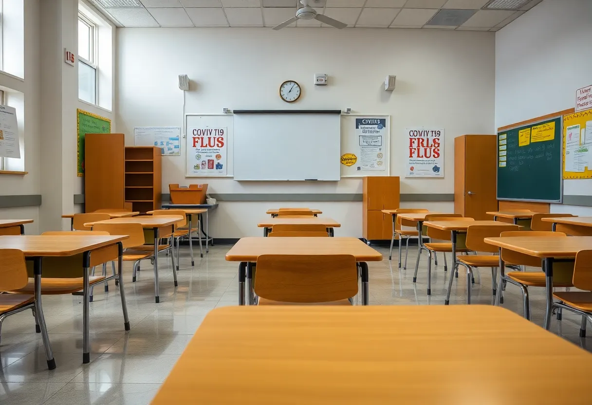 Empty classroom with safety posters on walls regarding flu and COVID-19.