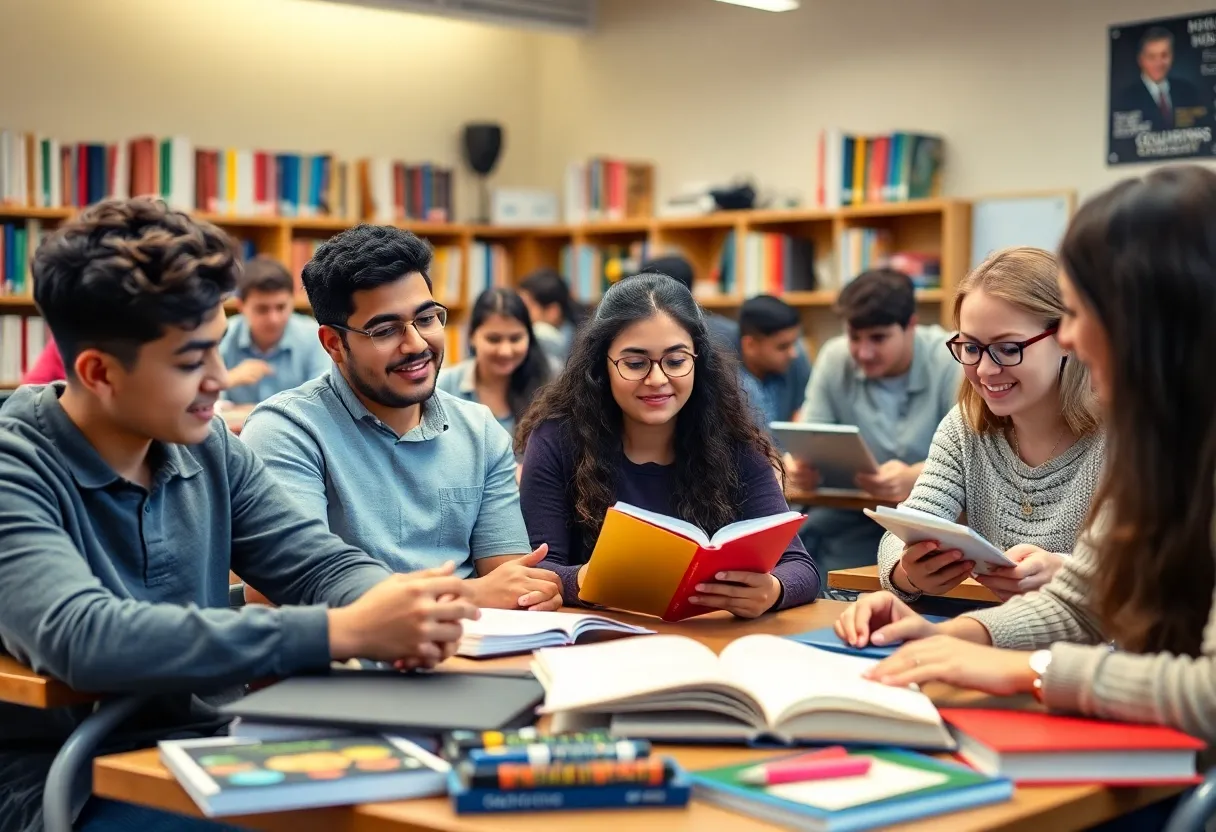 Diverse students in a university classroom actively engaging in learning.