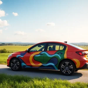 A Kentucky vehicle featuring a vibrant vinyl wrap under clear blue skies.