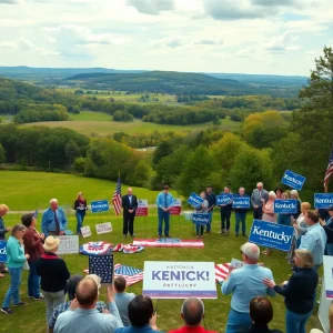Campaign scene in Kentucky with supporters and political materials.