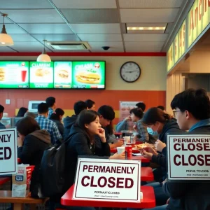 The interior of L8NITE Fast Food featuring empty tables and closure signs