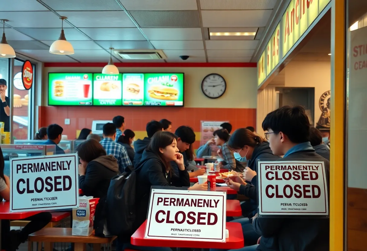 The interior of L8NITE Fast Food featuring empty tables and closure signs