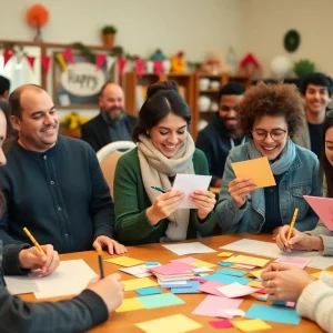 Volunteers creating handwritten letters in a lively atmosphere