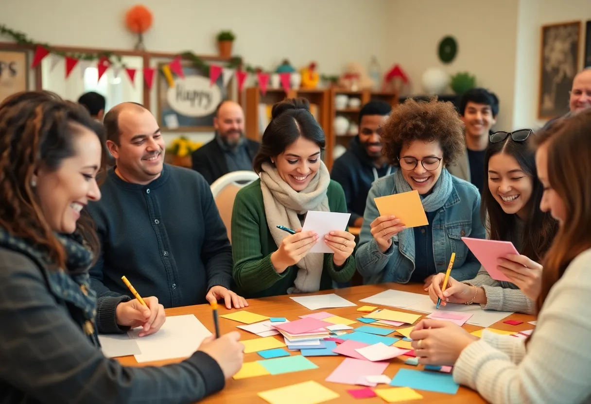 Volunteers creating handwritten letters in a lively atmosphere