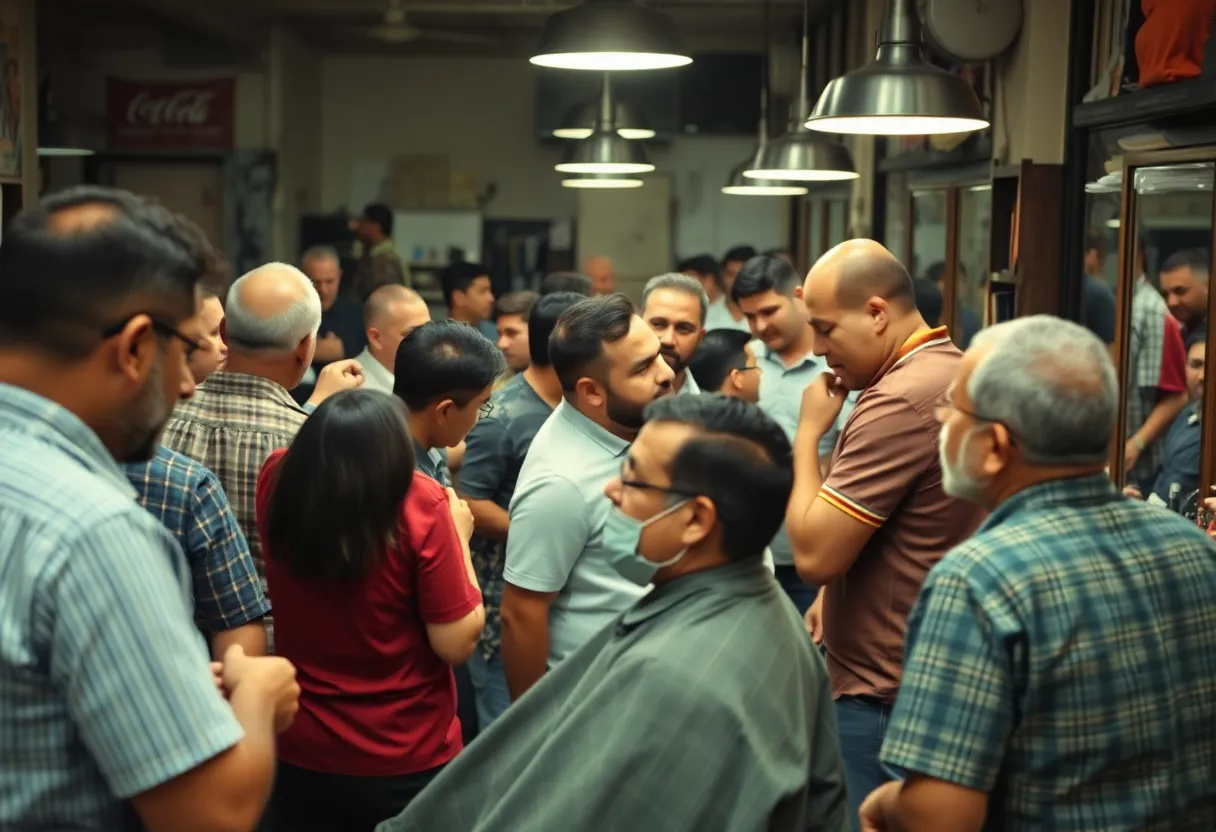 A view of a busy barbershop in Lexington, capturing patrons and barbers at work.